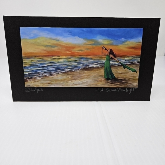 Beach Hot Ocean View Night Artwork Print Artist Signed Mounted Print Colorful - Picture 7 of 7